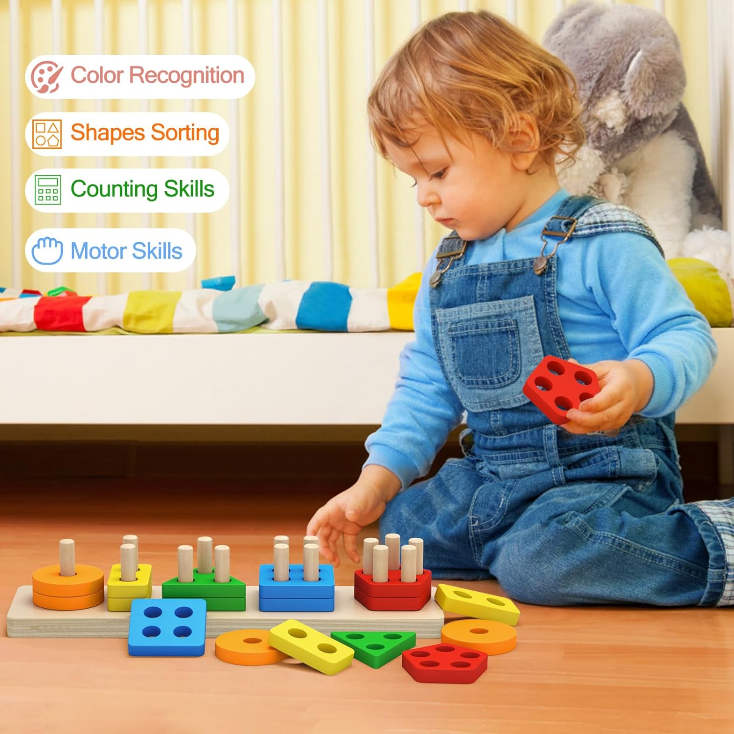 Toddler playing with wooden Montessori sorter - color recognition and motor skills