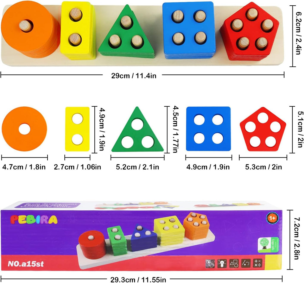 Wooden sorter dimensions - 29cm length, 5 shapes from 4.7cm to 5.3cm