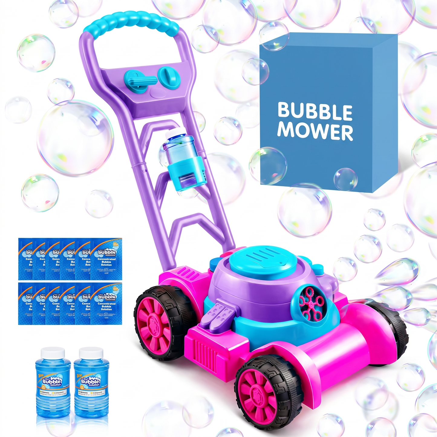 Pink bubble lawn mower with included bubble solution bags and bottles