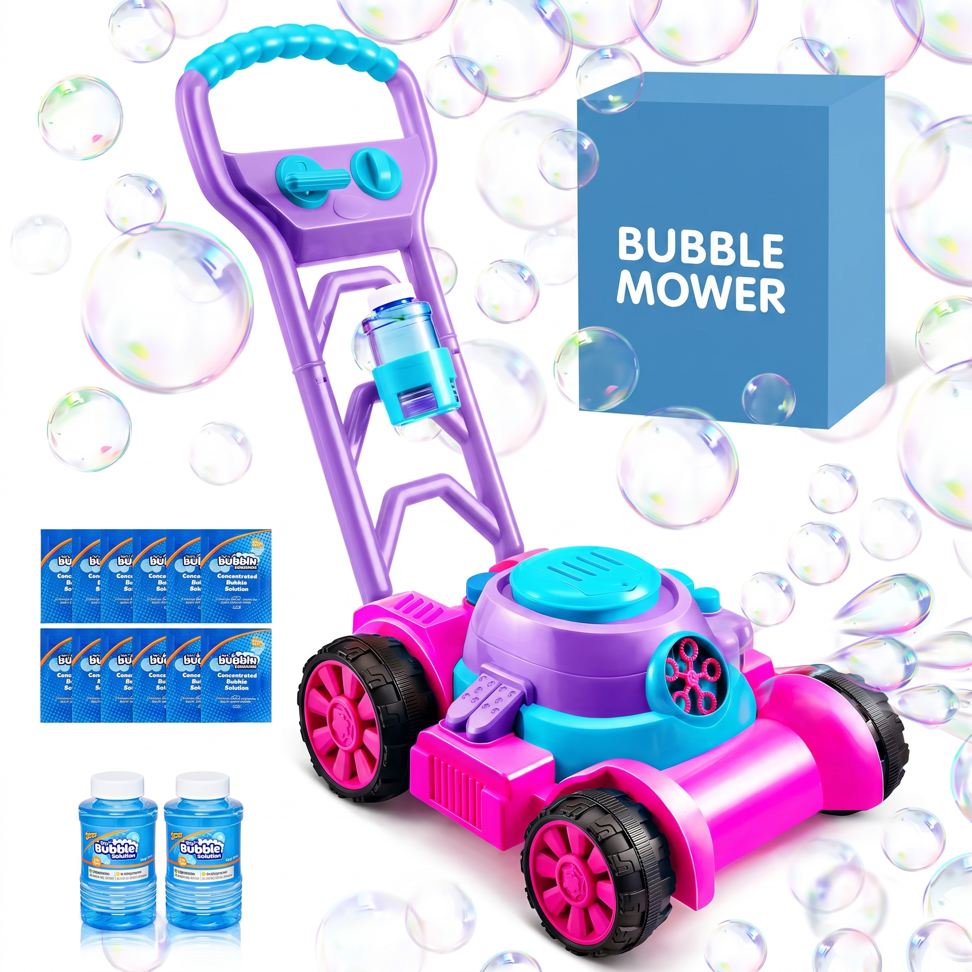 Pink bubble lawn mower with included bubble solution bags and bottles