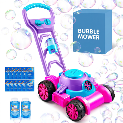 Pink bubble lawn mower with included bubble solution bags and bottles