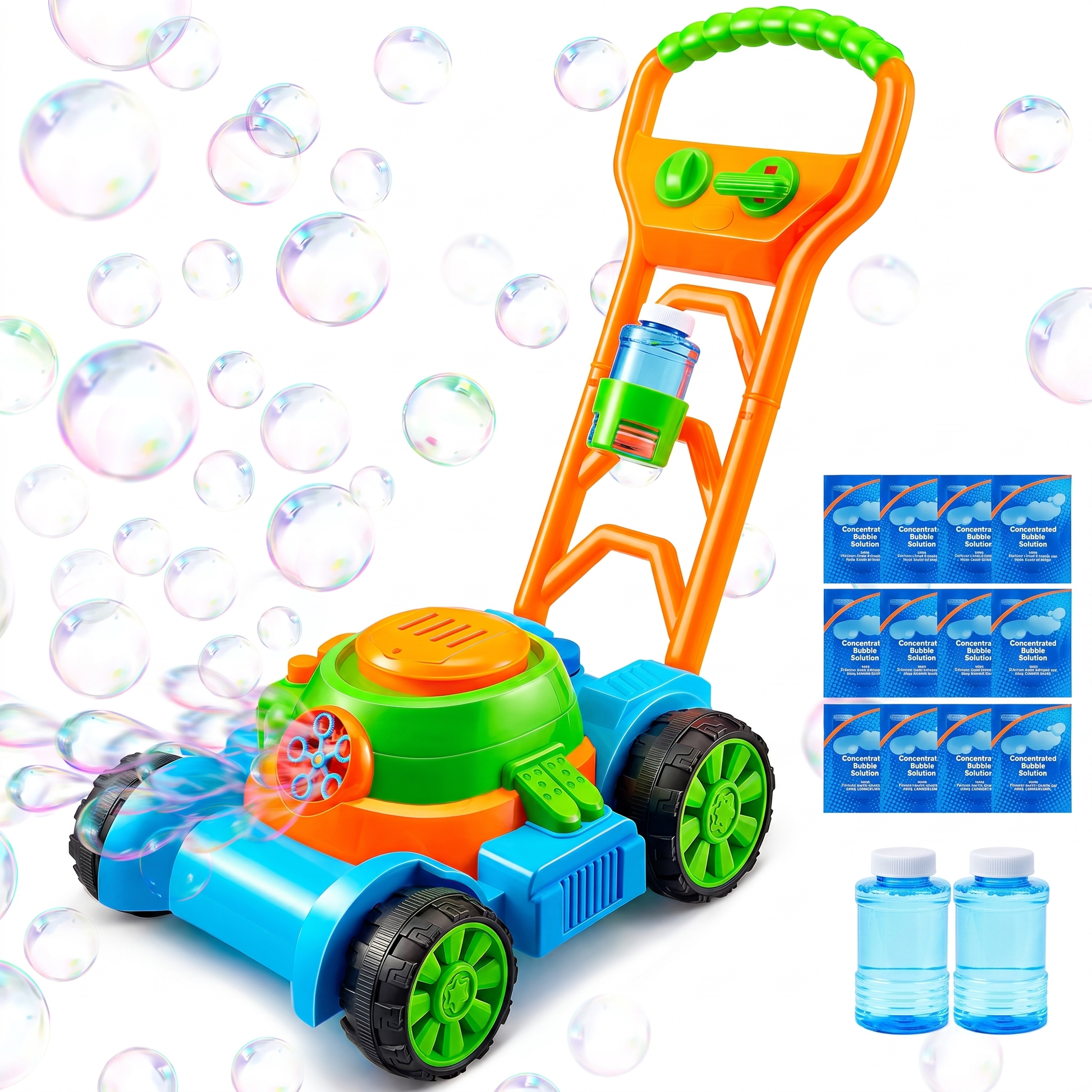 Green and blue bubble lawn mower with bubble solution