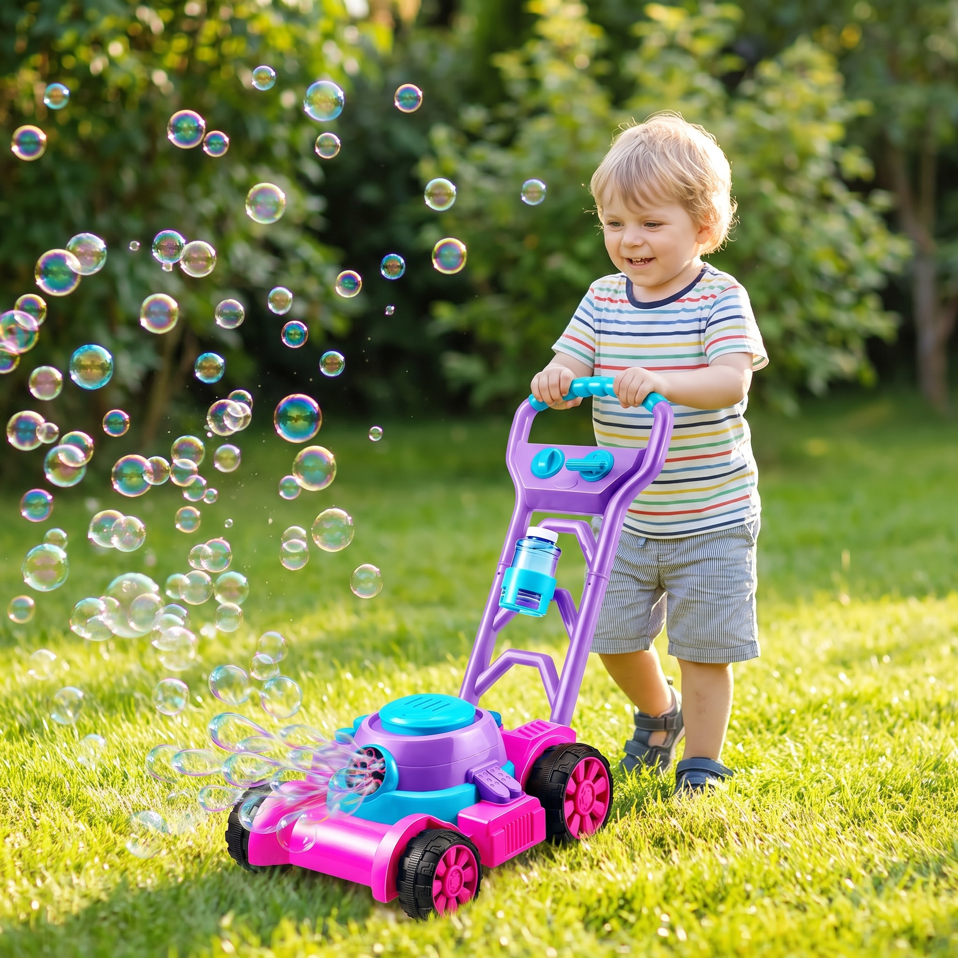 Child playing with pink bubble lawn mower outside