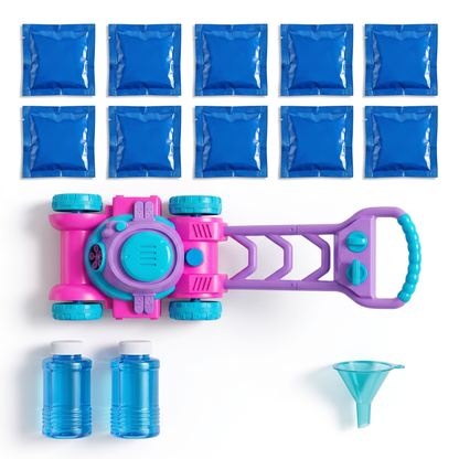 What's included: bubble lawn mower, 10 solution bags, 2 bottles, funnel
